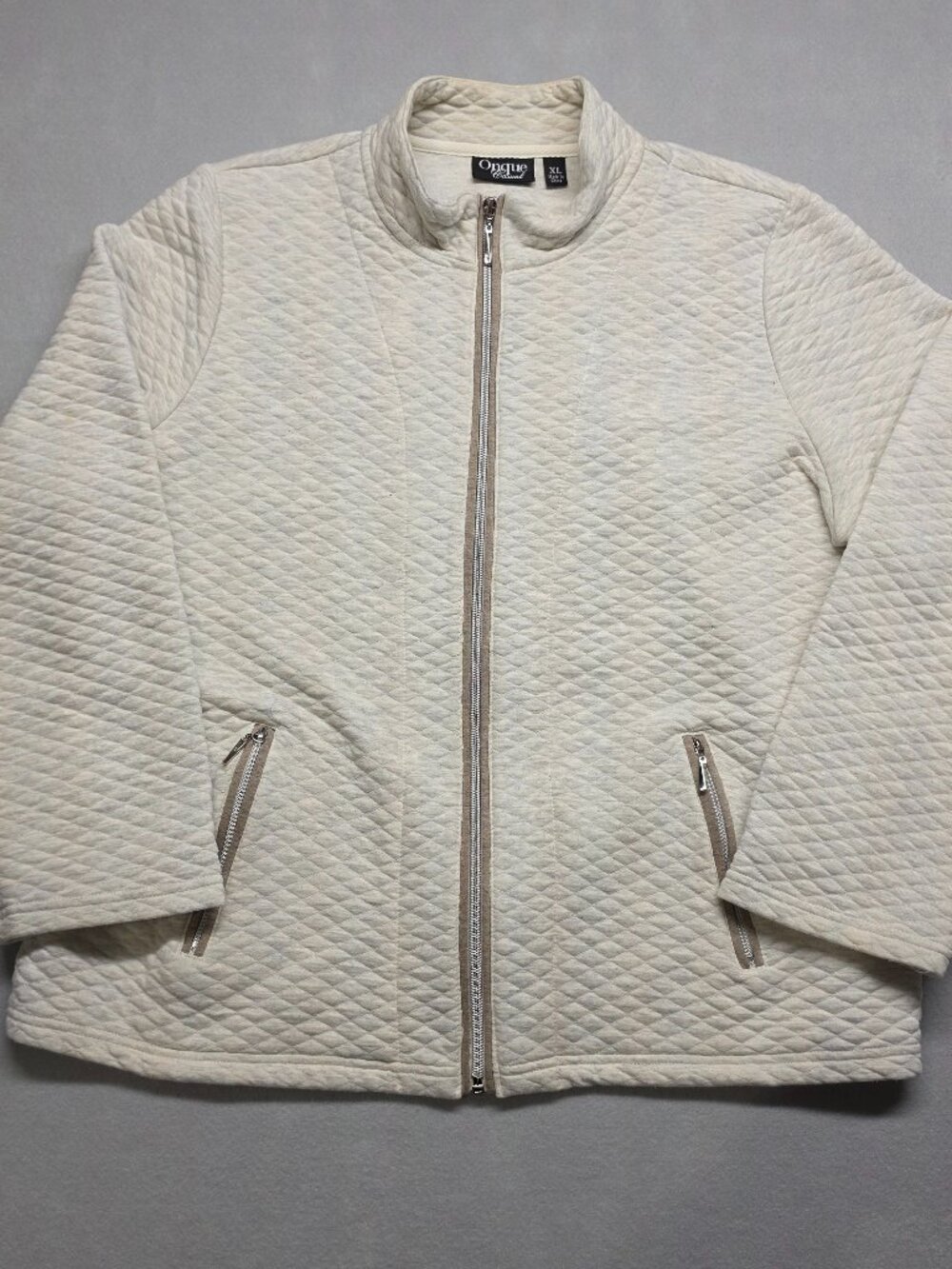 Onque Casual Quilted Full Zip Mock Neck Jacket XL Cream